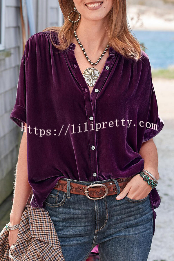 Lilipretty Velvet Solid Short Sleeve Round Neck Single Breasted Shirt