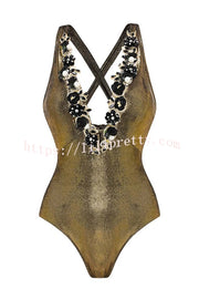 Solid Color Shiny Fabric Deep V Metal Embellished Stretch One-piece Swimsuit