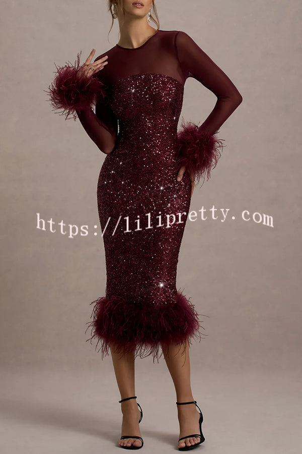 Glamor and Drama Mesh Sequin Patchwork Feather Trim Stretch Midi Dress