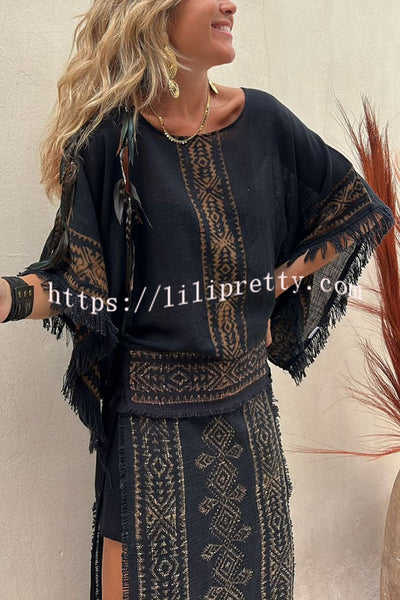 Lilipretty® Bianca Linen Blend Ethnic Print Tassel Trim Wide Sleeve Loose Top