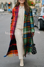 Fashionable Color-block Plaid Print Lapel Long-sleeved Casual Long Coat