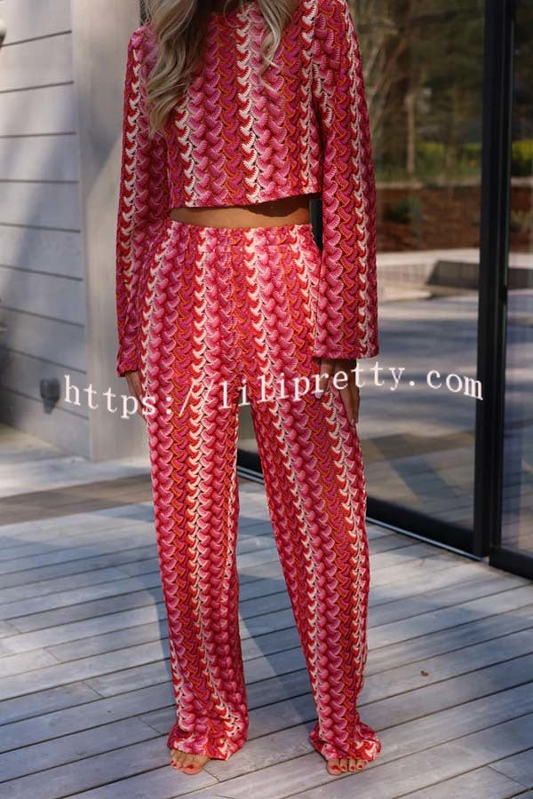 Tamia Knit Colorful Wave Unique Print Crop Top and Stretch Wide Leg Pants Set