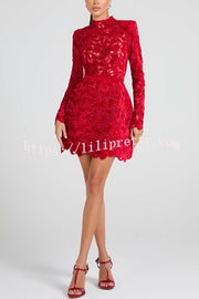 Lydia Embroidered Floral Lace Long Sleeve Belt Tulip Shaped Mini Dress