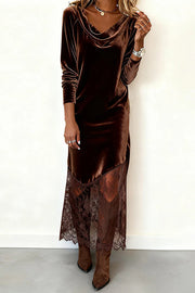 Stylish Velvet and Lace Patchwork Long-sleeved Elegant Maxi Dress