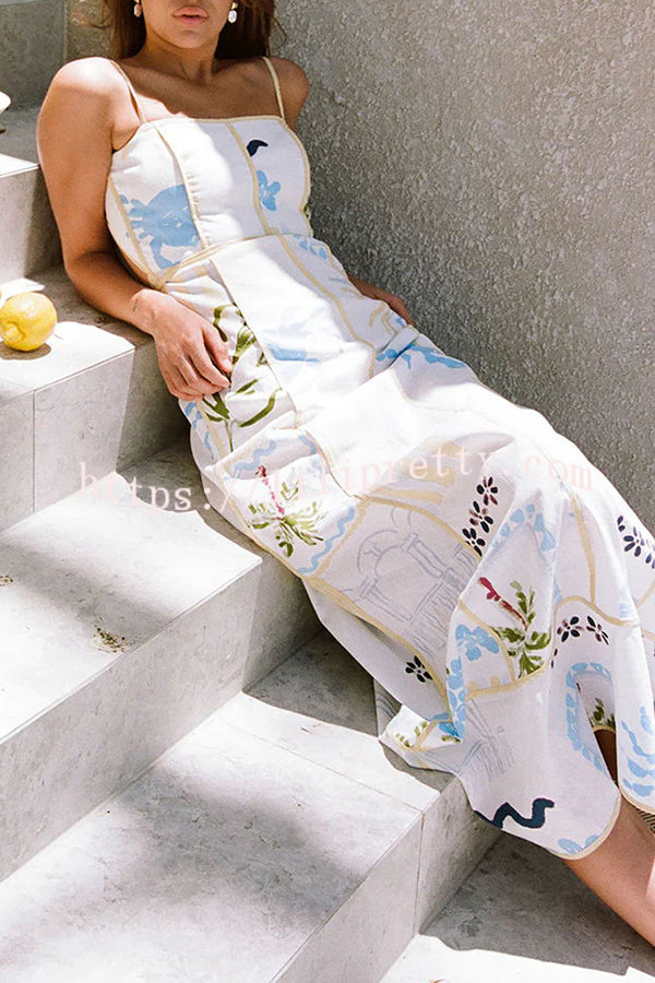 Kaytee Linen Blend Unique Print Contrast Yellow Back Tie-up Strap Maxi Dress