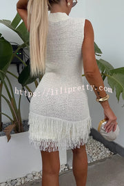 Fashion Knitted Round Neck Sleeveless Slim Fit Fringed Hem Mini Dress