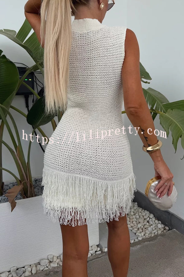 Fashion Knitted Round Neck Sleeveless Slim Fit Fringed Hem Mini Dress