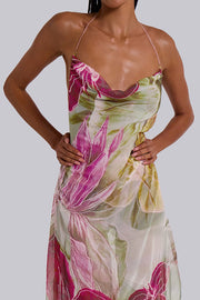 Floral Print Sexy Backless Slit See-Through Holiday Maxi Dress
