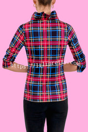 Duke of York Holiday Plaid Ruffle Stand Neck Half Sleeve Blouse