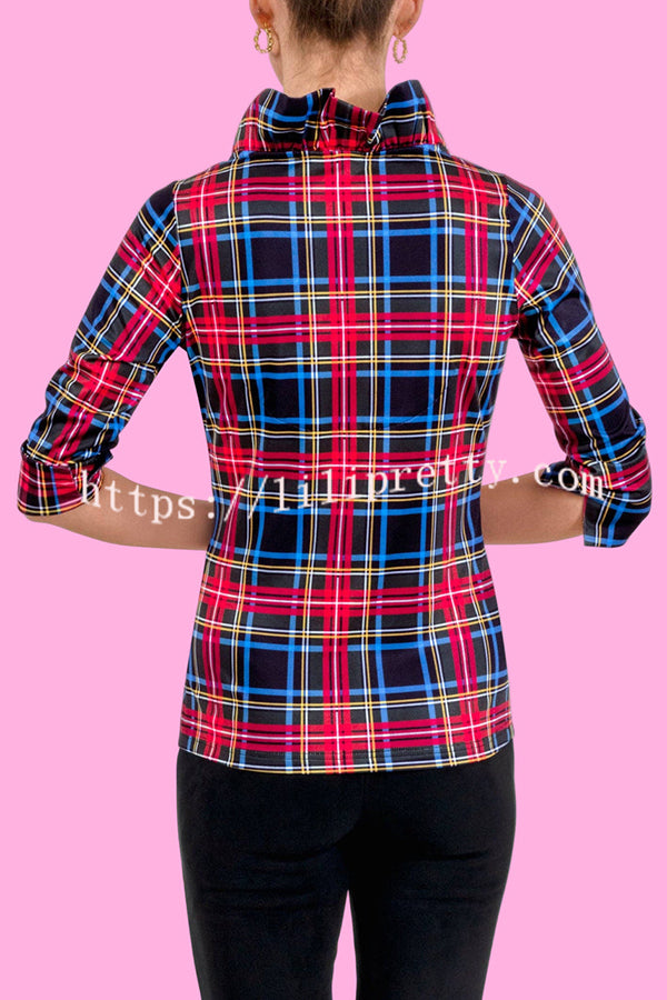 Duke of York Holiday Plaid Ruffle Stand Neck Half Sleeve Blouse
