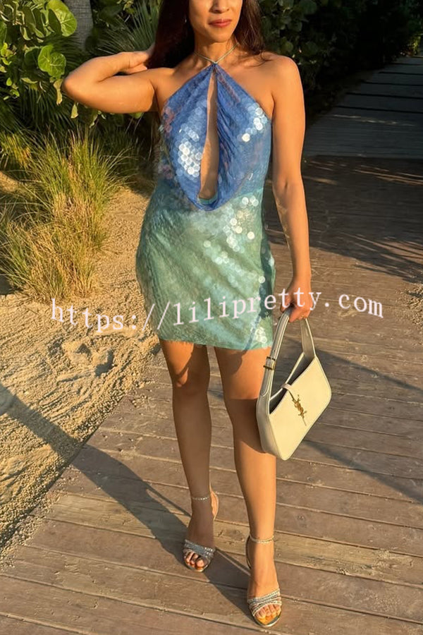 Fashion Sexy Sequined Backless Halter Neck Slim Fit Mini Dress