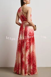 Floral Print One Shoulder Waist Tie Full Hem Resort Style Maxi Dress