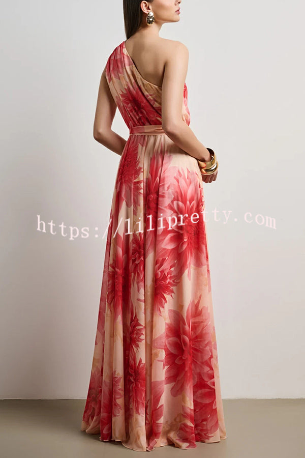 Floral Print One Shoulder Waist Tie Full Hem Resort Style Maxi Dress