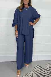 Satin Solid Color Loose Round Neck Top and Elastic Waist Casual Wide-leg Pants Set