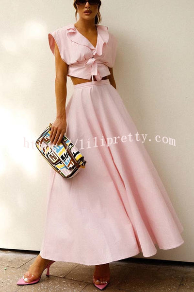 Haylee Linen Blend Ruffle Neck Tie-up Crop Top and High Rise Umbrella Maxi Skirt Set