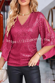 Solid Color Sequined V-neck Hollow Sleeve Slim Fit Top