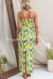 Summer Lemon Print Scalloped Lace Trim Suspender Slim Maxi Dress