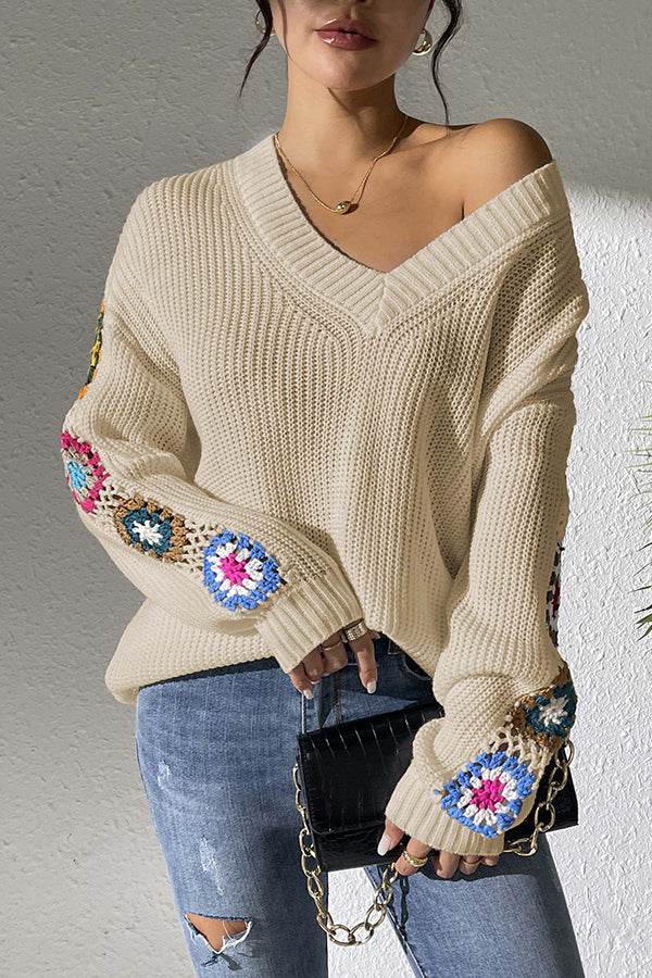 Fashion Hook Flower Long Sleeve V-Neck Loose Knitted Sweater