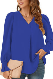 Solid Color V-neck Elastic Cuffs Long-sleeved Loose Top