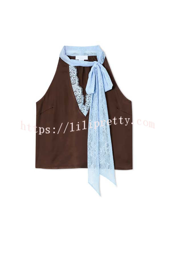 Sunday Social Contrast Color Satin Lace Trim Neck Strap Loose Tank