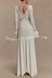 Fashion Lace Splicing Sexy V-neck Long-sleeved Slim Maxi Dress