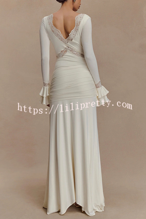 Fashion Lace Splicing Sexy V-neck Long-sleeved Slim Maxi Dress
