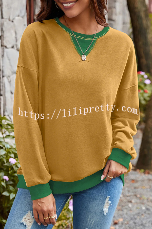 Fashionable Contrasting Color Loose Long-sleeved Casual Sweatshirt