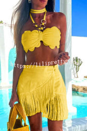 Solid Color Halter Neck Tassel Skirt Stretch Two-piece Bikini Swimsuit