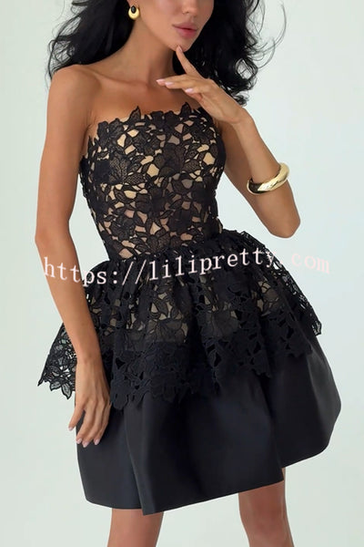 Angie Embroidered Floral Lace Patchwork Off Shoulder Tulip Hem Mini Dress