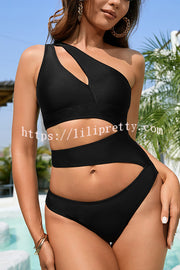 Solid Color Sexy Hollow One Shoulder Stretch One-Piece Swimsuit