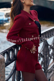 Sweet Dreams Tweed Bow Neck Button Long Sleeve Pocket Crop Jacket