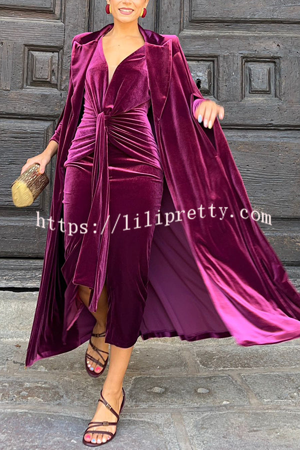 Elisabeth Luxurious Velvet Padded Shoulders Long Sleeve Twist Waist Drape Midi Dress