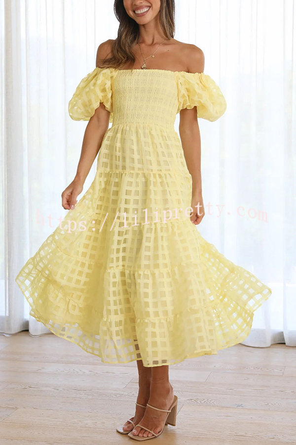 Lilipretty Dare To Dance Square Pattern Fabric Smocked Puff Sleeve Midi Dress