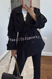 Modern Urban Dropped Shoulder Strap Button Detail Belted Lapel Loose Trench Coat