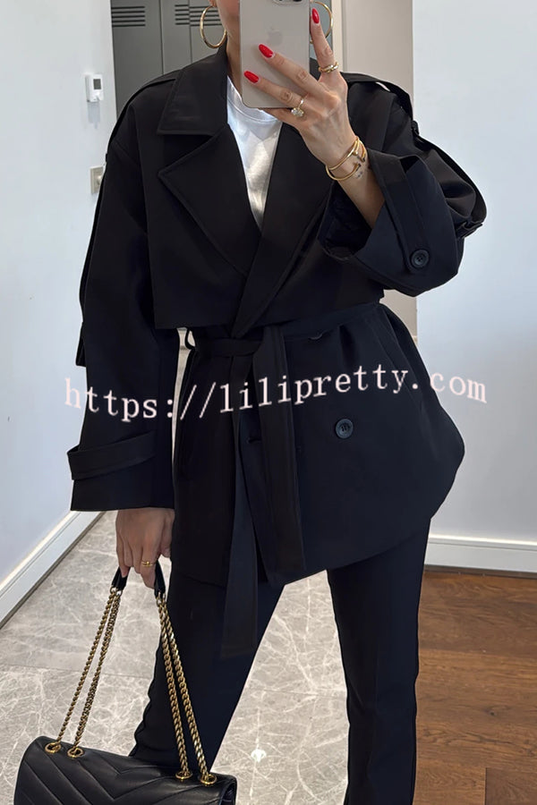 Modern Urban Dropped Shoulder Strap Button Detail Belted Lapel Loose Trench Coat