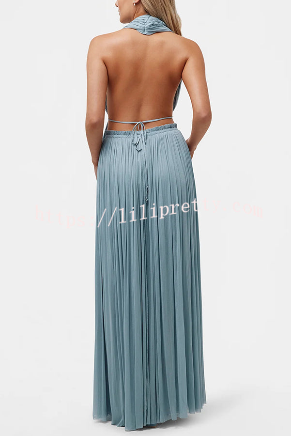 Pure Lightness Chiffon Pleated Halter Backless Top and Elastic Waist A-line Maxi Skirt Set