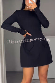 Anna Sparkling Gemstone Trim Heart Pocket Long Sleeve Mini Dress