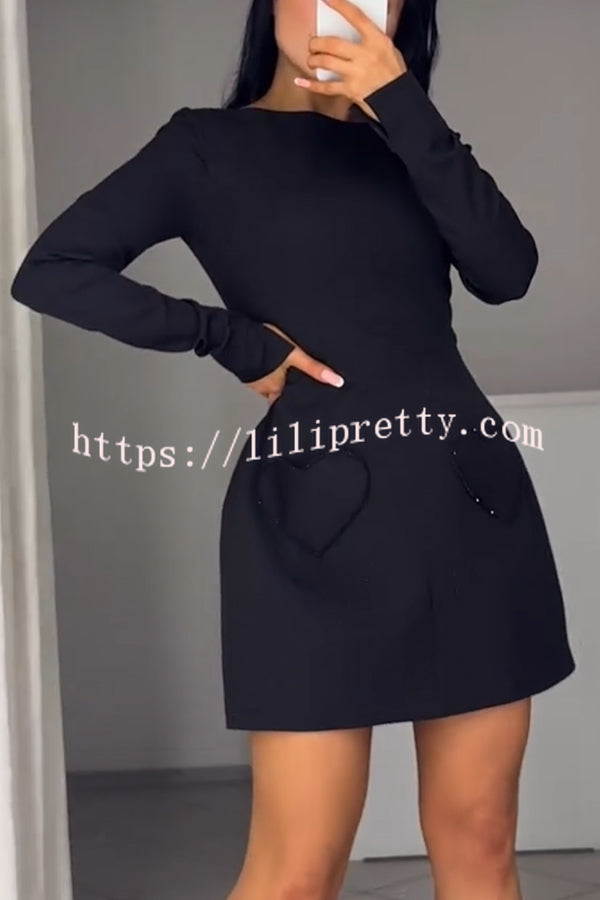 Anna Sparkling Gemstone Trim Heart Pocket Long Sleeve Mini Dress