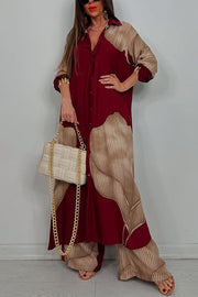Unique Printed Casual Loose Long Shirt and Elastic Waist Pocket Wide Leg Pants Set