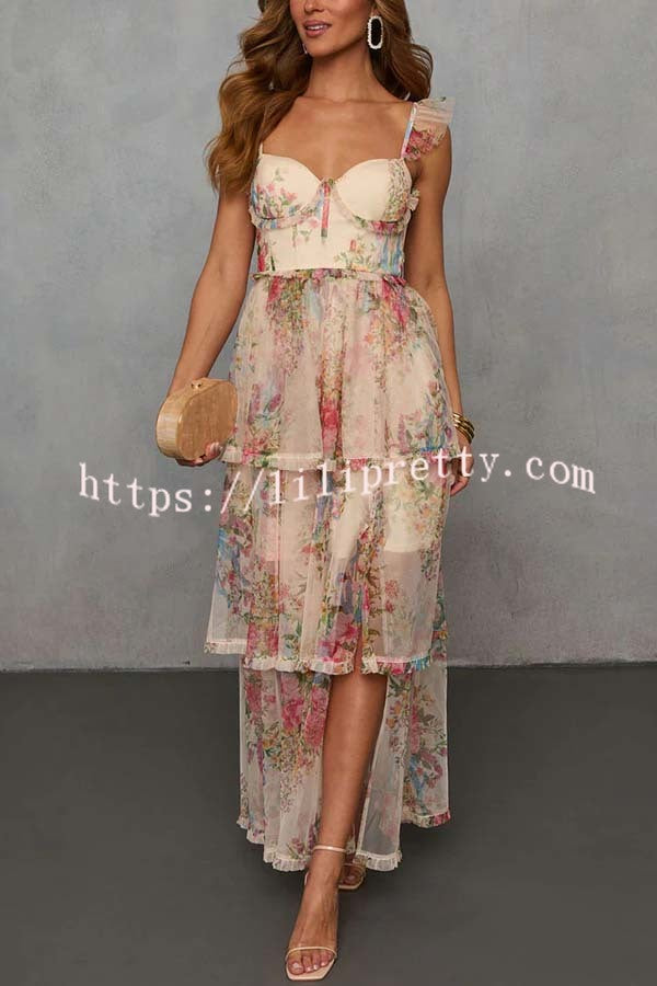 Romantic and Elegant Mesh Floral Back Smocked Tiered Ruffle Maxi Dress