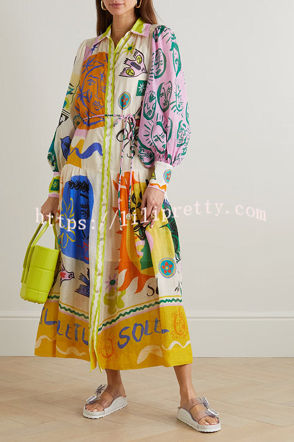 Lilipretty Boldness and Art Unique Print Balloon Sleeve Patchwork Shirt Midi Dress