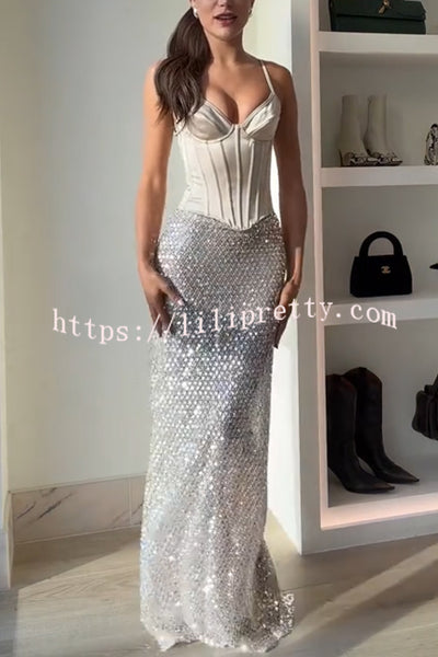 The Great Gatsby Embellished Sequin Mid Rise Flare Maxi Skirt