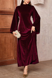 Solid Color Velvet Bell Sleeves Tie Waist Elegant Maxi Dress