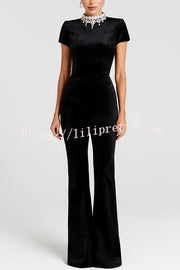 Lucia Luxurious Velvet Jewel-encrusted Turtleneck Short Sleeve Flare Stretch Jumpsuit