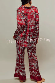 Unique Printed Lounge Long-sleeved Shirt and Elastic Waisted Baggy Pants Set