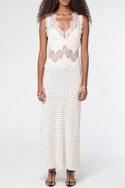 Wonderful Fusion Satin Lace Trim Poka Dot V-neck Drape Maxi Dress