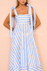 Lilipretty® Treasured Times Stripe Print Tie-up Shoulder Pocketed A-line Maxi Dress