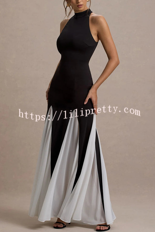 Litzy Contrast Color Panelled Tulle High Neck Stretch Maxi Dress