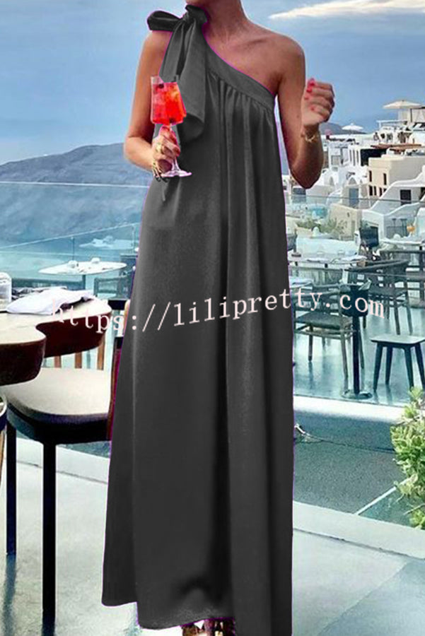 Lilipretty® Beach Party Satin One Shoulder Bow Detail Loose Maxi Dress