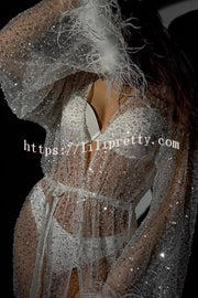 Fashionable Sequined Feather Long-sleeved Vacation Loose Extra-long Sun Protection Cover-up